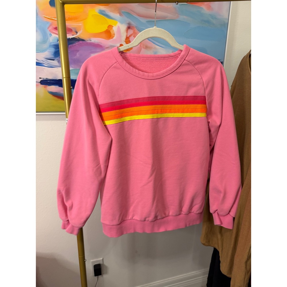 Pink Rainbow Stripe Crewneck Sweatshirt Raglan Sleeve Pullover Small